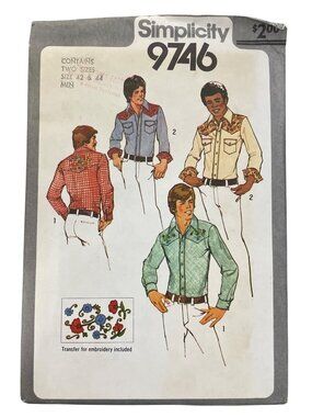 Vintage 80s Simplicity 9746 Sewing Pattern Size 42 & 44 Men's Western Shirt CUT